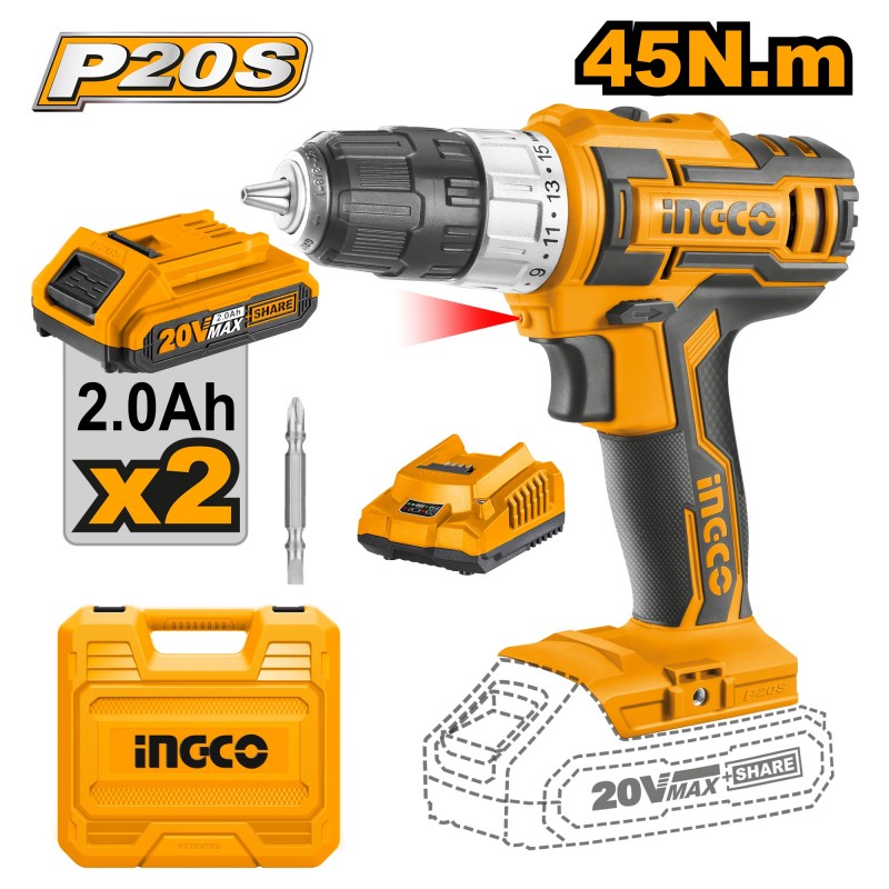 Mașină de înșurubat cu acumulator INGCO 20V/2*2A CDLI200215