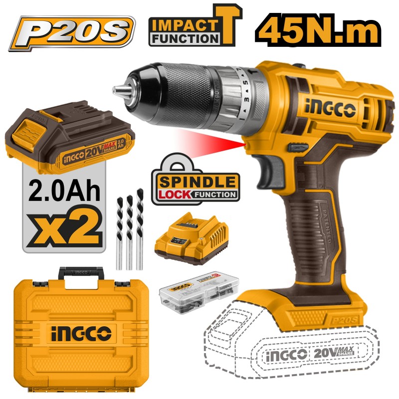 Masina de insurubat si gaurit  cu acumulator  INGCO 20V/2*2A CIDLI201452