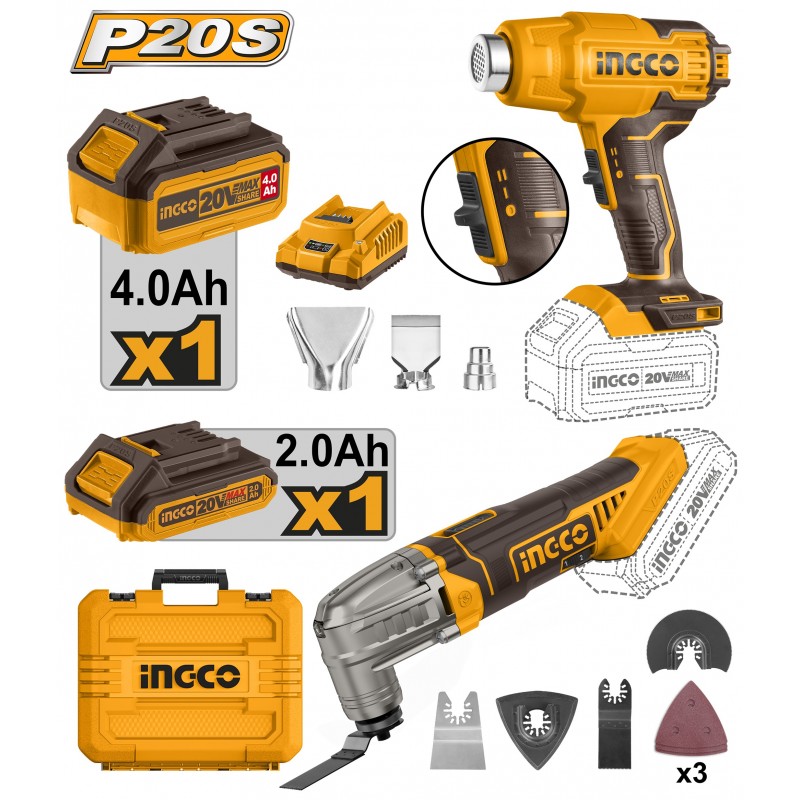 SET 1 Mașină multifuncțională+Fen industrial Li-Ion 20V/1*2Ah/4Ah INGCO COSLI230703