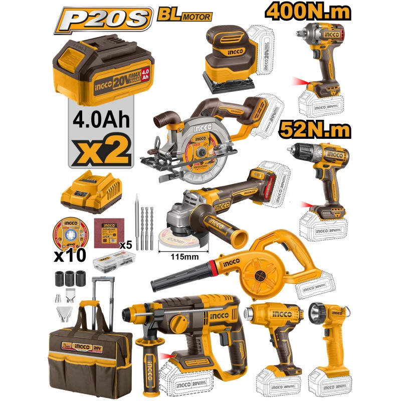 Set 9buc.instrumente cu acumulatoare 20V/2*4Ah INGCO CKLI2098