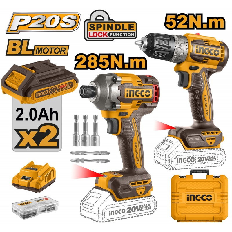 Set Mașină de inșurubat si găurit + Mașină cu impact cu acumulator Li-Ion 20V/2*2A INGCO CKLI20272