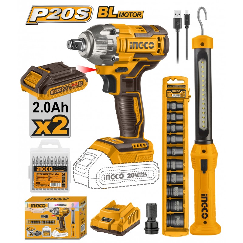 SET Masina de insurubat cu impact  + lampa Li-Ion 20V/2*2Ah INGCO COSLI23011
