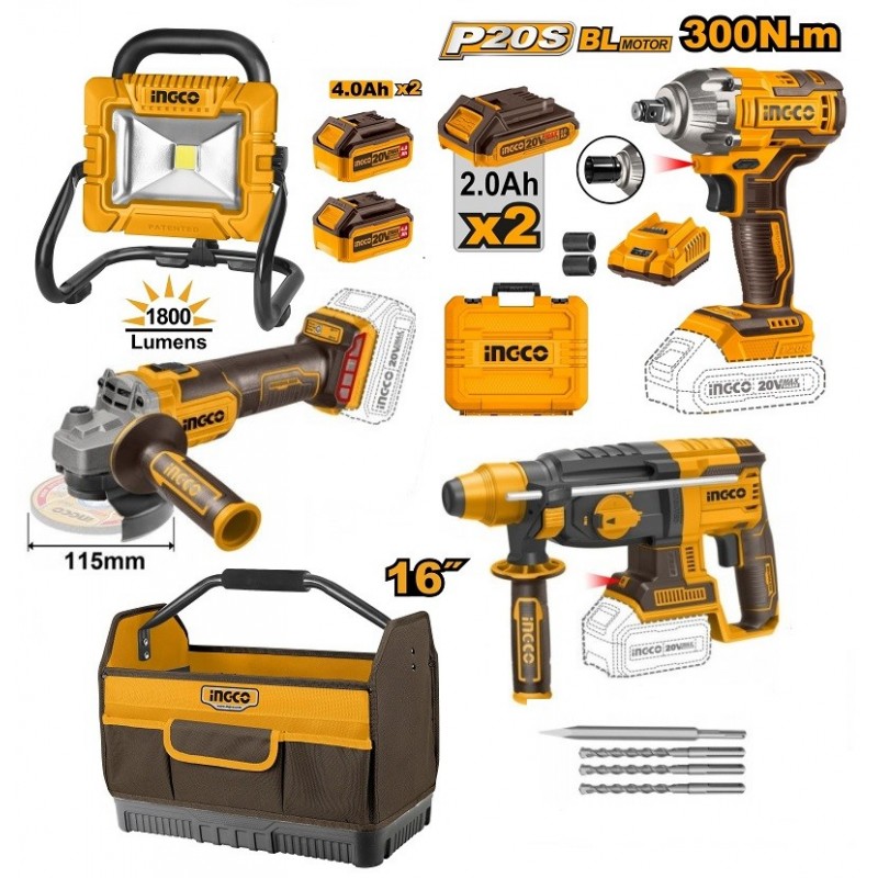 Set Masina de insurubat impact + Slefuitor unghiular + ciocan rotopercutor+ projector 20V INGCO