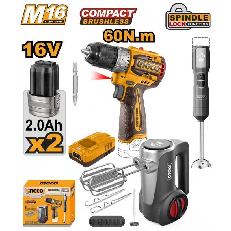 Set Masina de insurubat si gaurit + Blender de mînă+Mixer pe acumulator  16V/2*2Ah INGCO CKLI1638